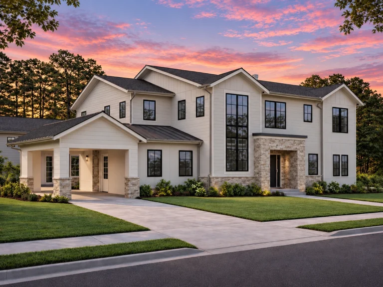 Front elevation of a New American Modern Traditional house featuring board and batten siding, stone accents, tall windows, and a symmetrical luxury façade