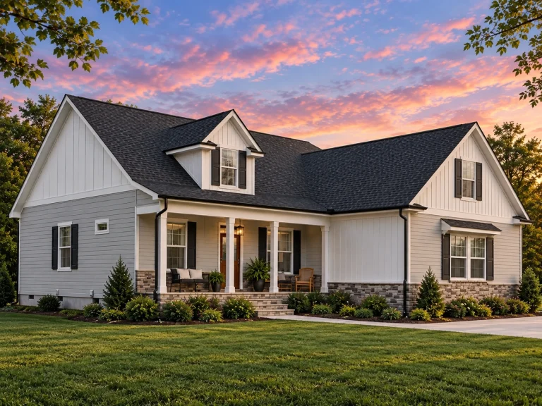 Front view of a Modern Farmhouse style home featuring board and batten siding, stone base accents, and a welcoming covered porch entry.