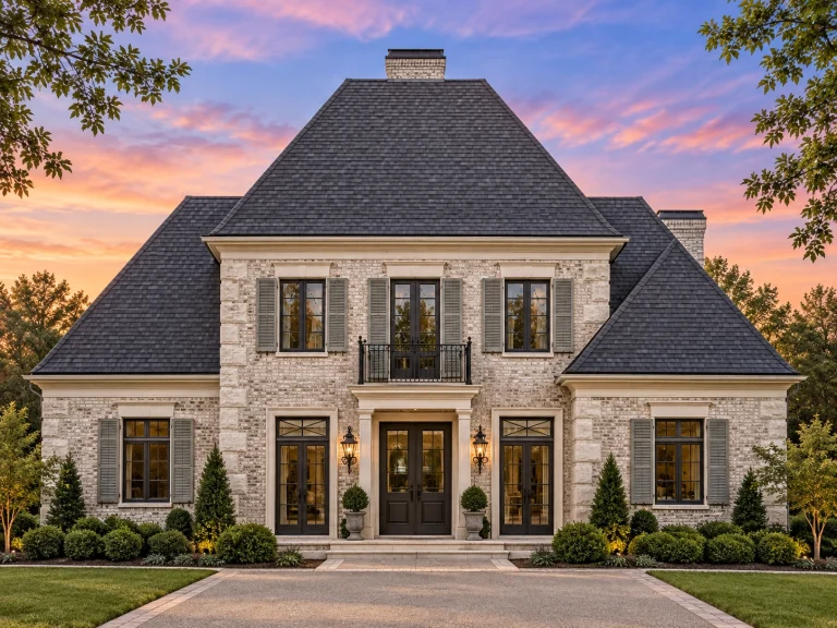 Front elevation of a French Provincial style home featuring stone and stucco exterior, steep hipped roof, symmetrical windows, and classic European detailing