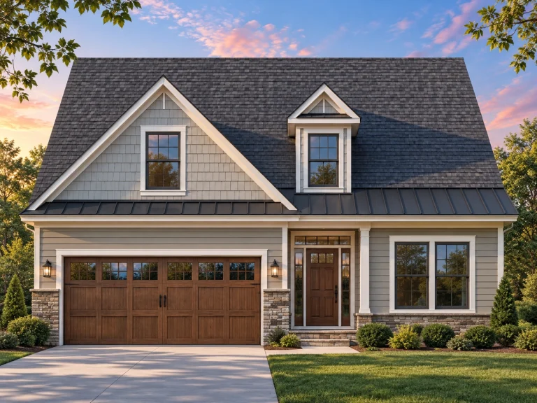 Triplex House Plans 8 Front elevation of a modern farmhouse style home with board and batten siding, stone wainscot, steep gable roof, and attached two-car garage