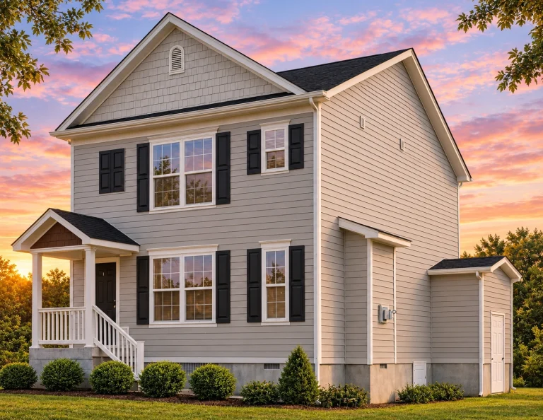 Garage Apartment Plans 25 Front elevation of a Traditional Colonial style home featuring horizontal siding, stone base, black shutters, and a symmetrical façade