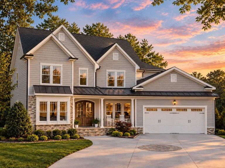 Front elevation of a Modern Farmhouse with board-and-batten siding, lap siding, stone accents, and symmetrical traditional detailing