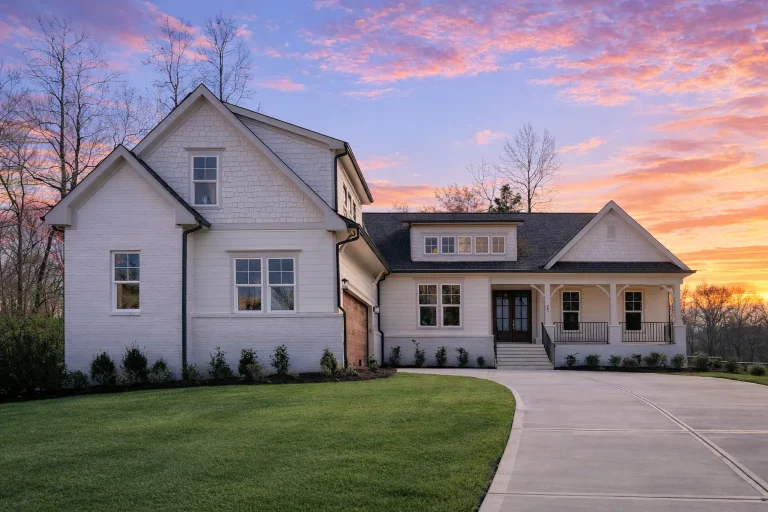 Front exterior view of a New American Modern Traditional house with horizontal siding, board and batten accents, gabled rooflines, and a welcoming covered porch