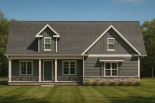 Front view of a Modern Farmhouse style home featuring board and batten siding, stone base accents, and a welcoming covered porch entry.