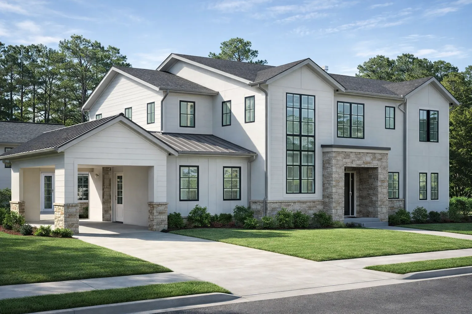 Front exterior of a New American modern traditional house with white board and batten siding, stone accents, tall windows, and a symmetrical two-story façade