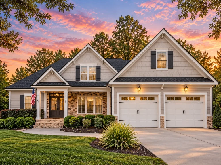 Front exterior view of a New American style suburban house with white siding, stone accents, covered front porch, and attached two-car garage