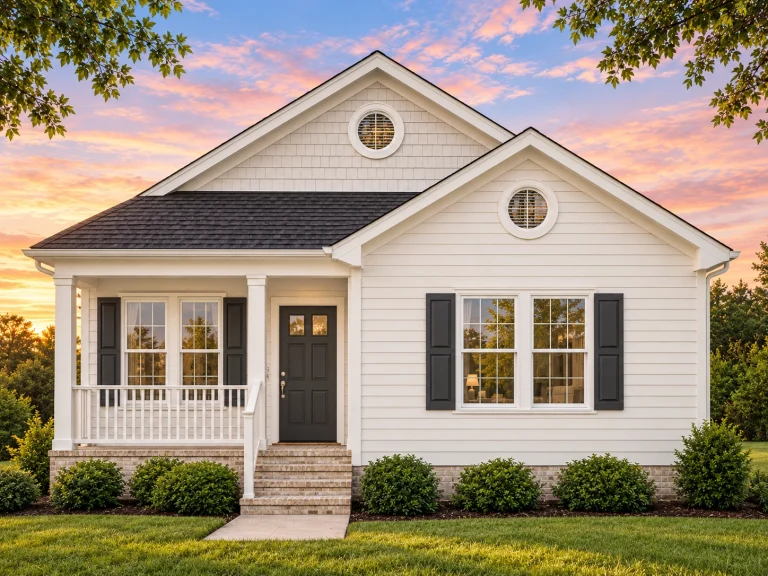 Front view of a Traditional Cottage style home featuring horizontal siding, brick foundation, symmetrical façade, and a welcoming covered porch