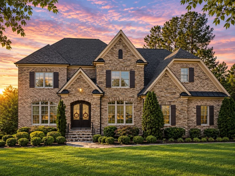 Townhome Floor Plans 7 Front elevation of a New American style home featuring stone accents, board-and-batten siding, symmetrical windows, and a welcoming covered entry