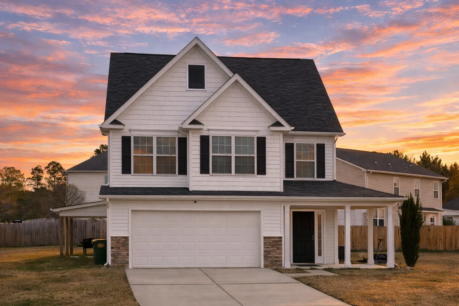 Front view of a Traditional Colonial Revival home with horizontal siding, shingle detailing, stone veneer, and brown shutters for classic curb appeal