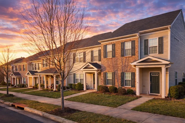 Front elevation of a Traditional Suburban style townhome featuring horizontal siding, stone accents, shuttered windows, and gabled rooflines