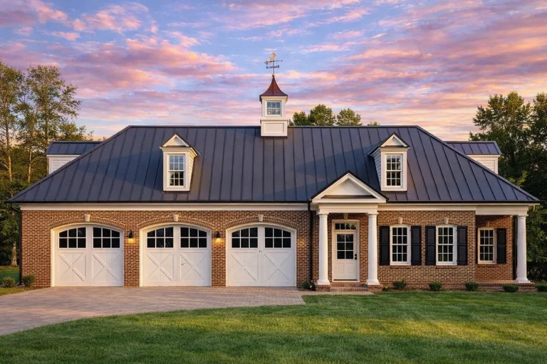 Front exterior view of a Traditional Colonial style home with horizontal siding, symmetrical façade, dormer windows, cupola, and side-entry three-car garage