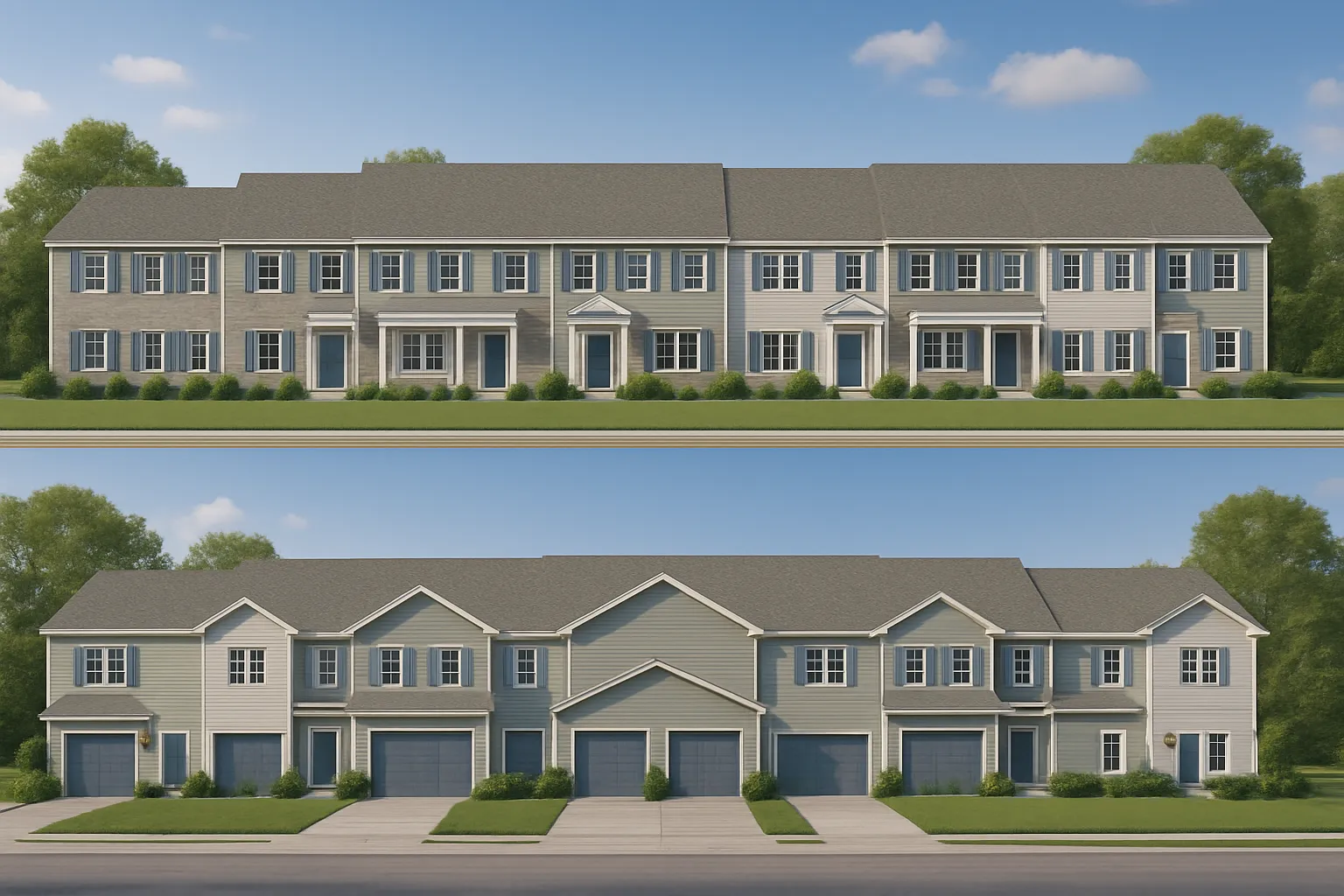 Front elevation of a Traditional Suburban style townhome featuring horizontal siding, stone accents, shuttered windows, and gabled rooflines
