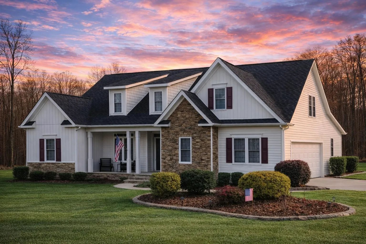 Front elevation of a Modern Farmhouse with board-and-batten and horizontal lap siding, stone accents, dormer windows, black shutters, and a covered porch