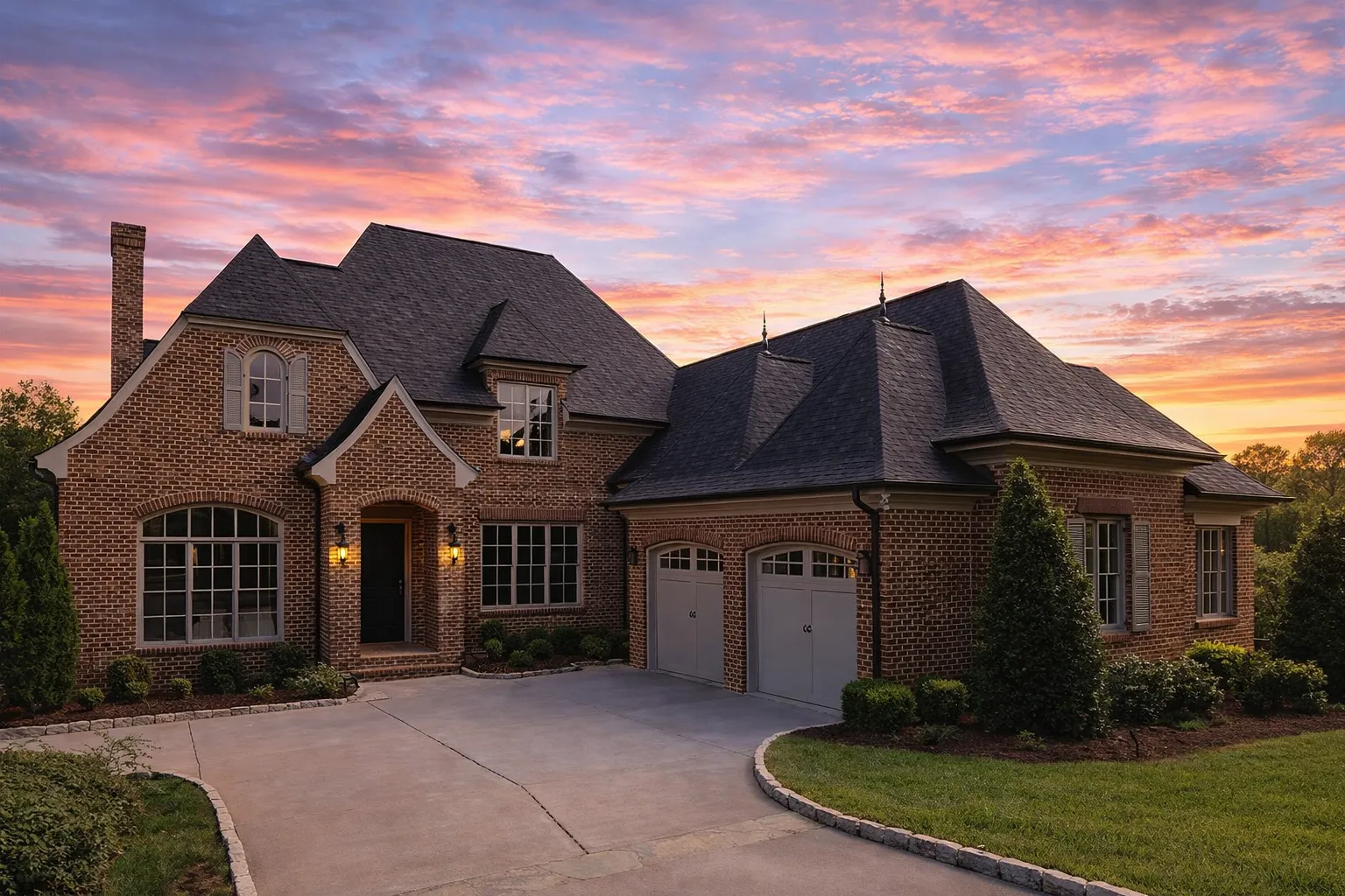 Front elevation of a French Country Traditional style home featuring brick exterior, stone accents, gabled rooflines, and classic architectural detailing