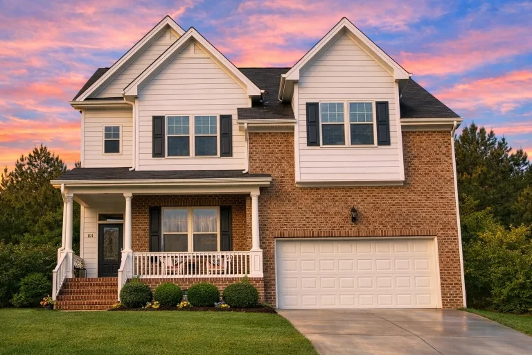Front elevation of a Traditional Suburban Neo-Colonial style home with brick exterior, horizontal siding, covered porch, and attached two-car garage