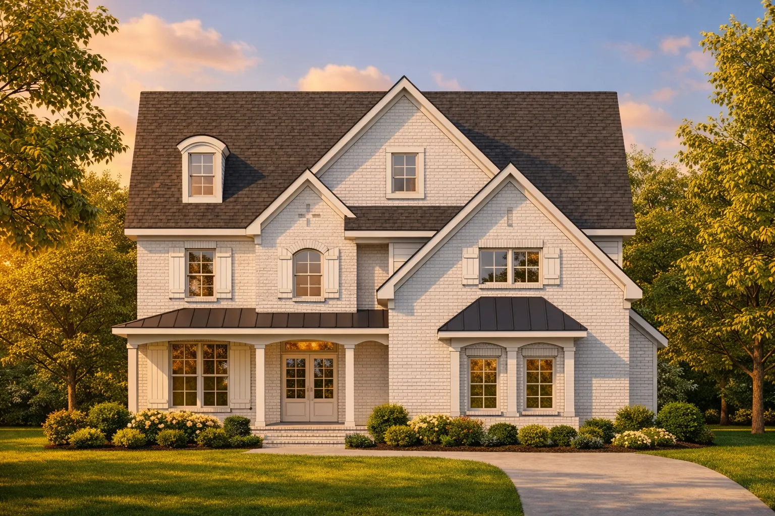 Front elevation of a Cape Cod Coastal Traditional home featuring horizontal siding, stone accents, gabled rooflines, and covered front porch