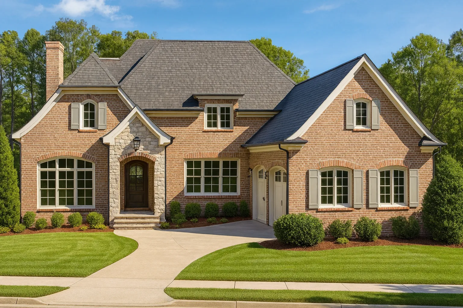 Front elevation of a French Country Traditional style home featuring brick exterior, stone accents, gabled rooflines, and classic architectural detailing