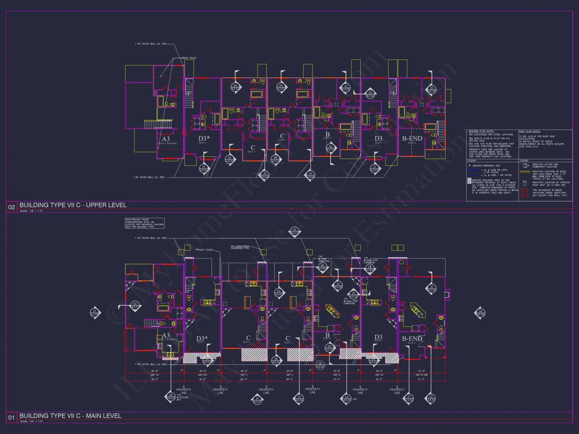 8-Unit Modern Craftsman Townhome Plan with Covered Porches & Bonus Rooms