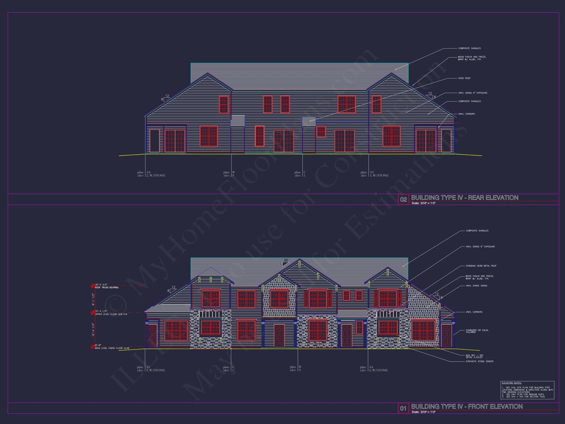 8-Unit Modern Craftsman Townhome Plan with Covered Porches & Bonus Rooms