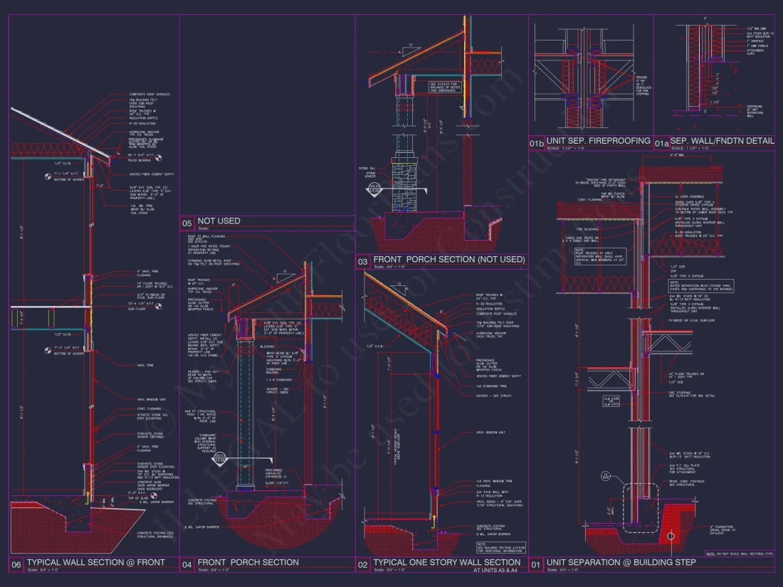 8-Unit Modern Craftsman Townhome Plan with Covered Porches & Bonus Rooms
