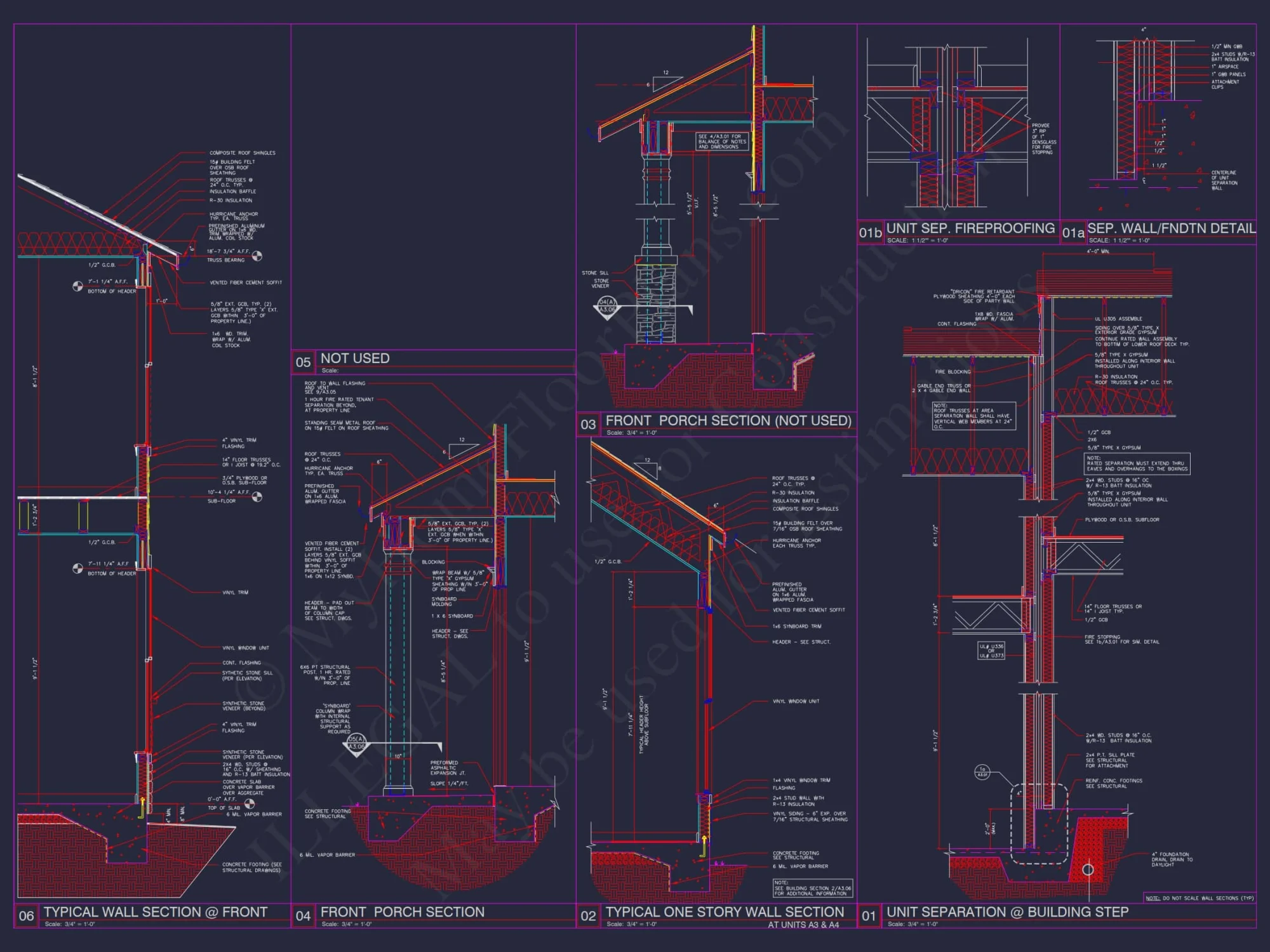 8-Unit Modern Craftsman Townhome Plan with Covered Porches & Bonus Rooms