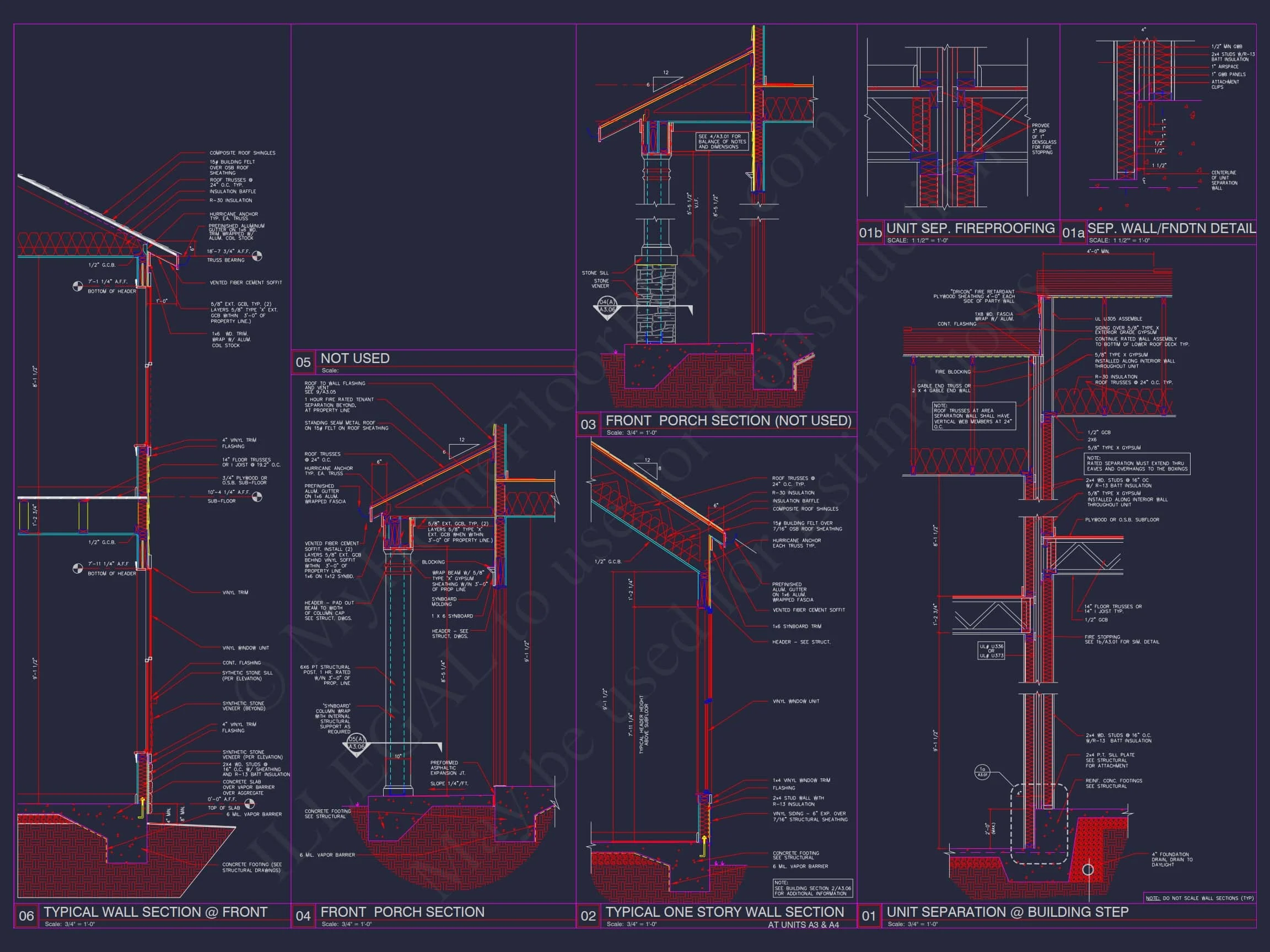 8-Unit Modern Craftsman Townhome Plan with Covered Porches & Bonus Rooms