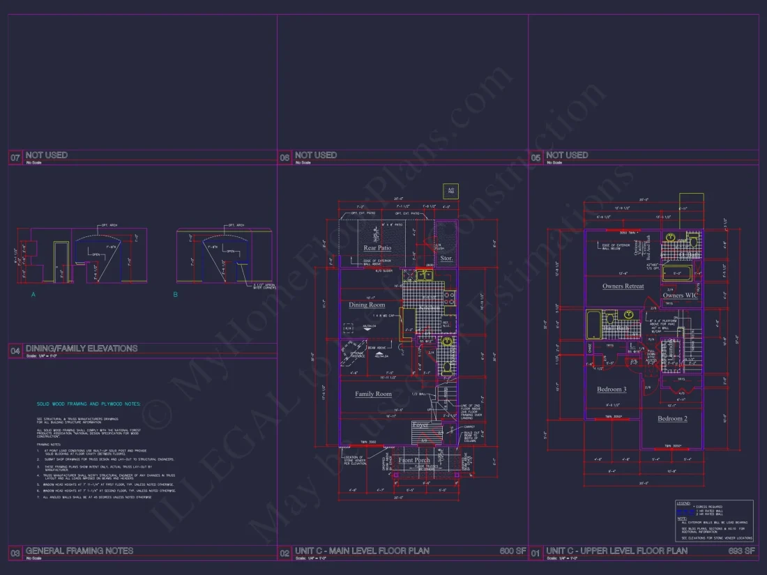 8-Unit Modern Craftsman Townhome Plan with Covered Porches & Bonus Rooms