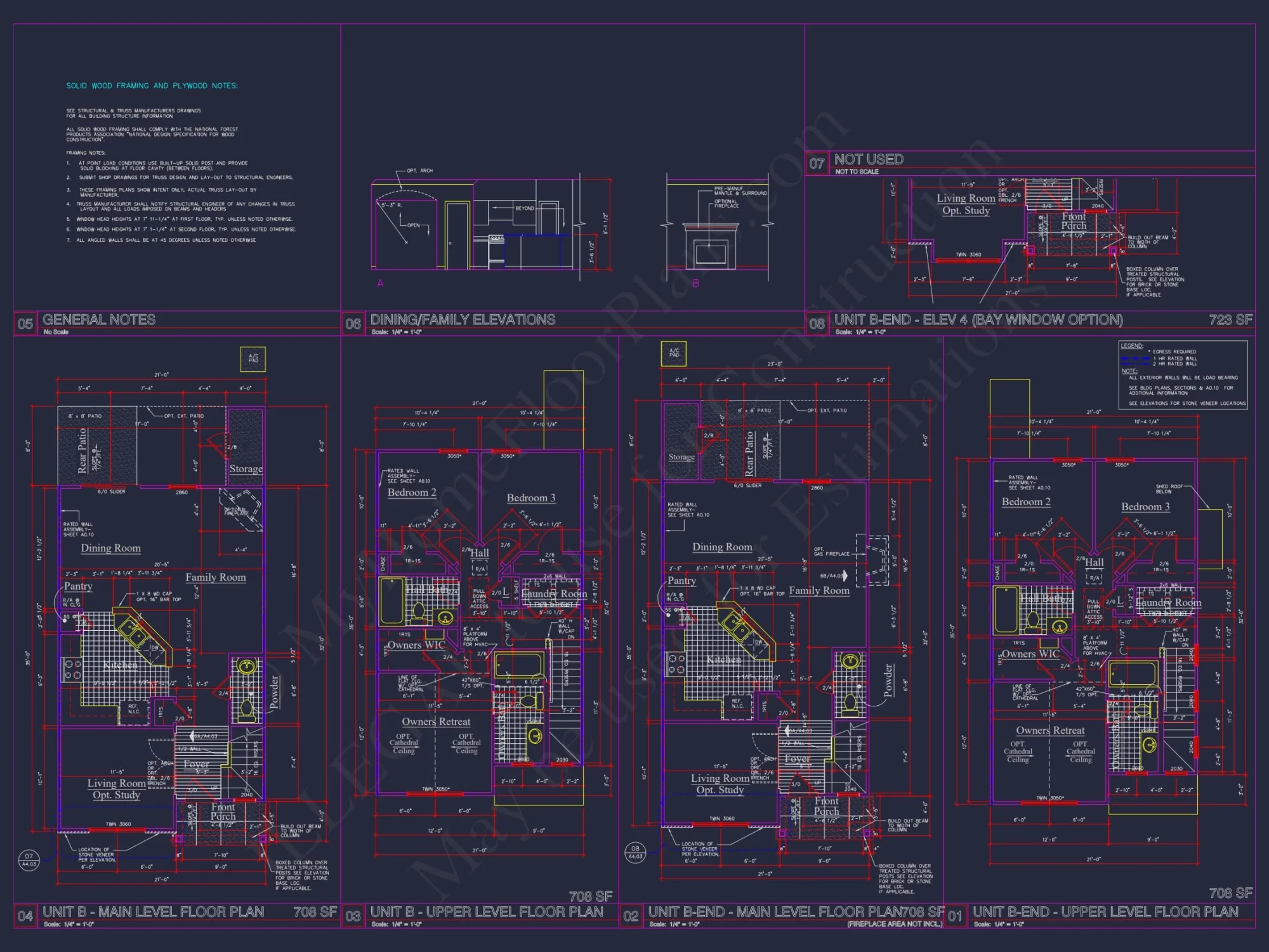 8-Unit Modern Craftsman Townhome Plan with Covered Porches & Bonus Rooms