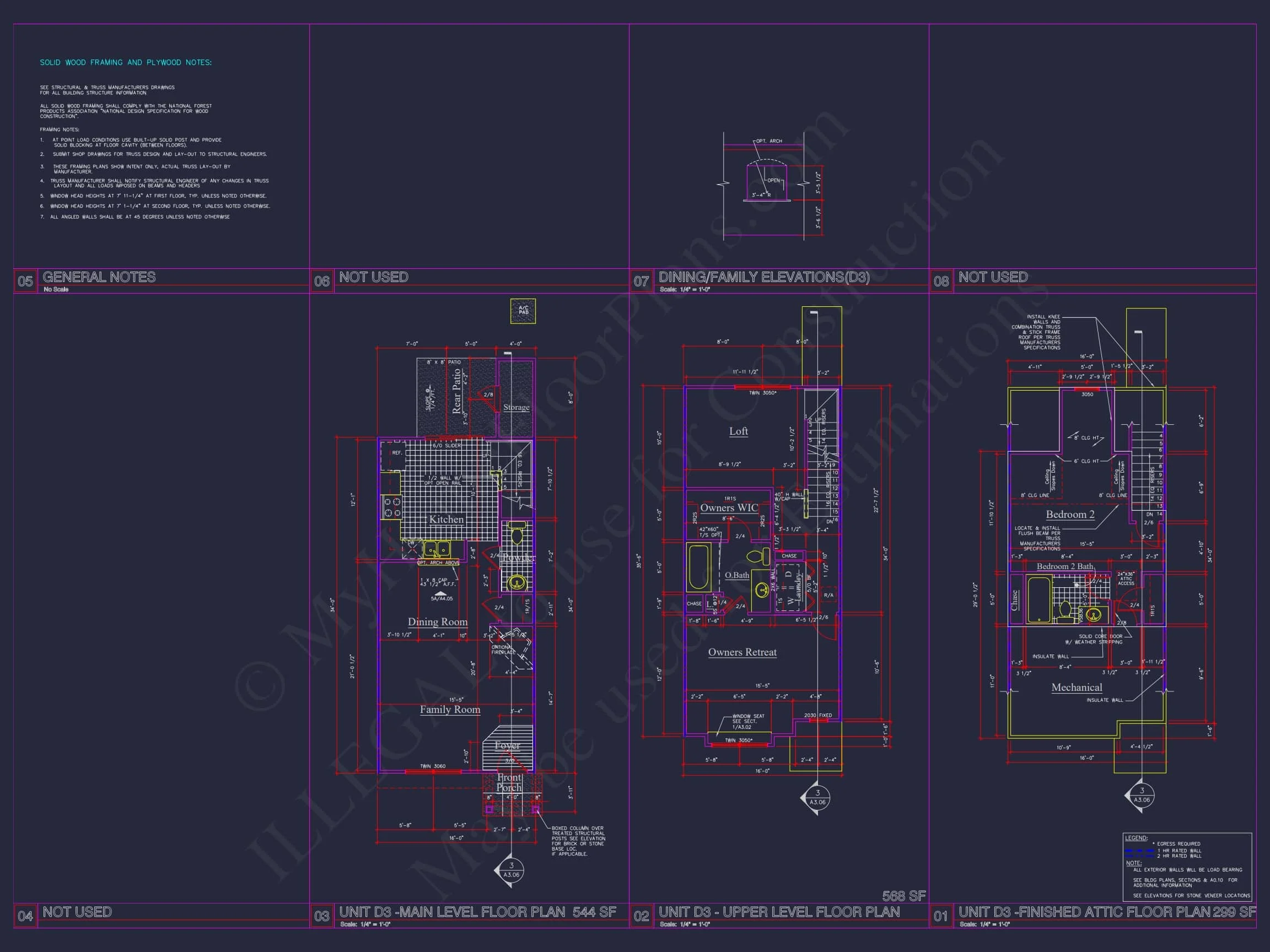 8-Unit Modern Craftsman Townhome Plan with Covered Porches & Bonus Rooms