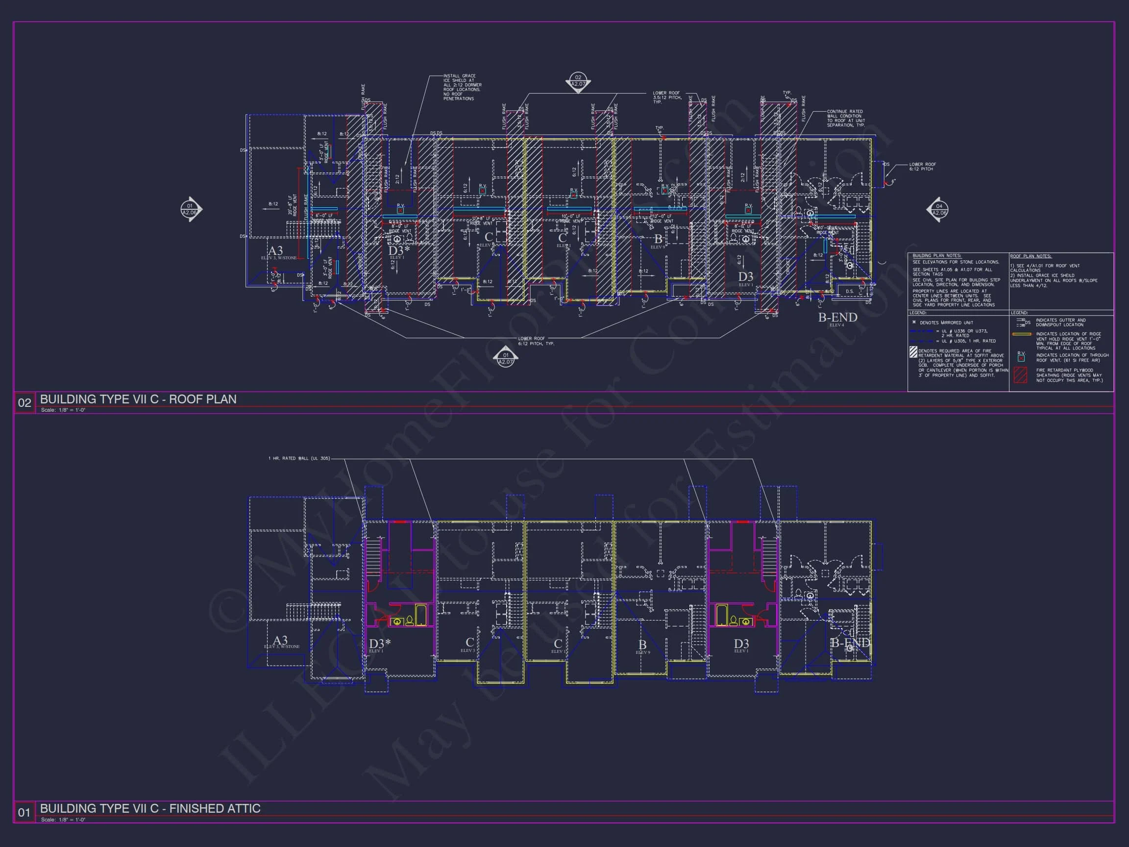 8-Unit Modern Craftsman Townhome Plan with Covered Porches & Bonus Rooms