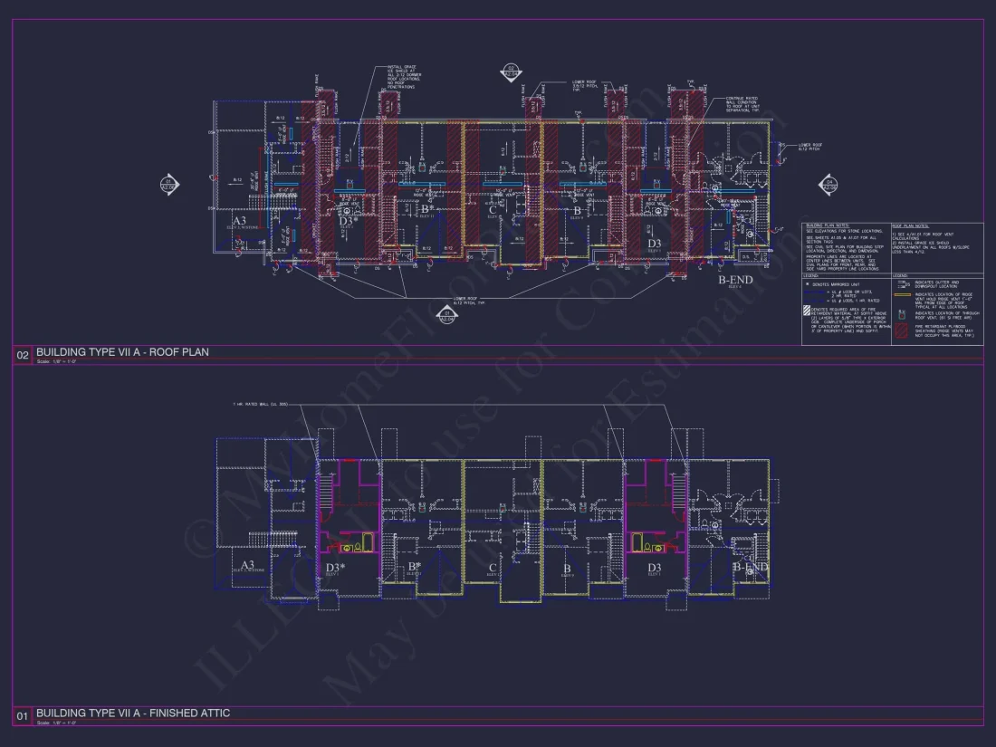 8-Unit Modern Craftsman Townhome Plan with Covered Porches & Bonus Rooms