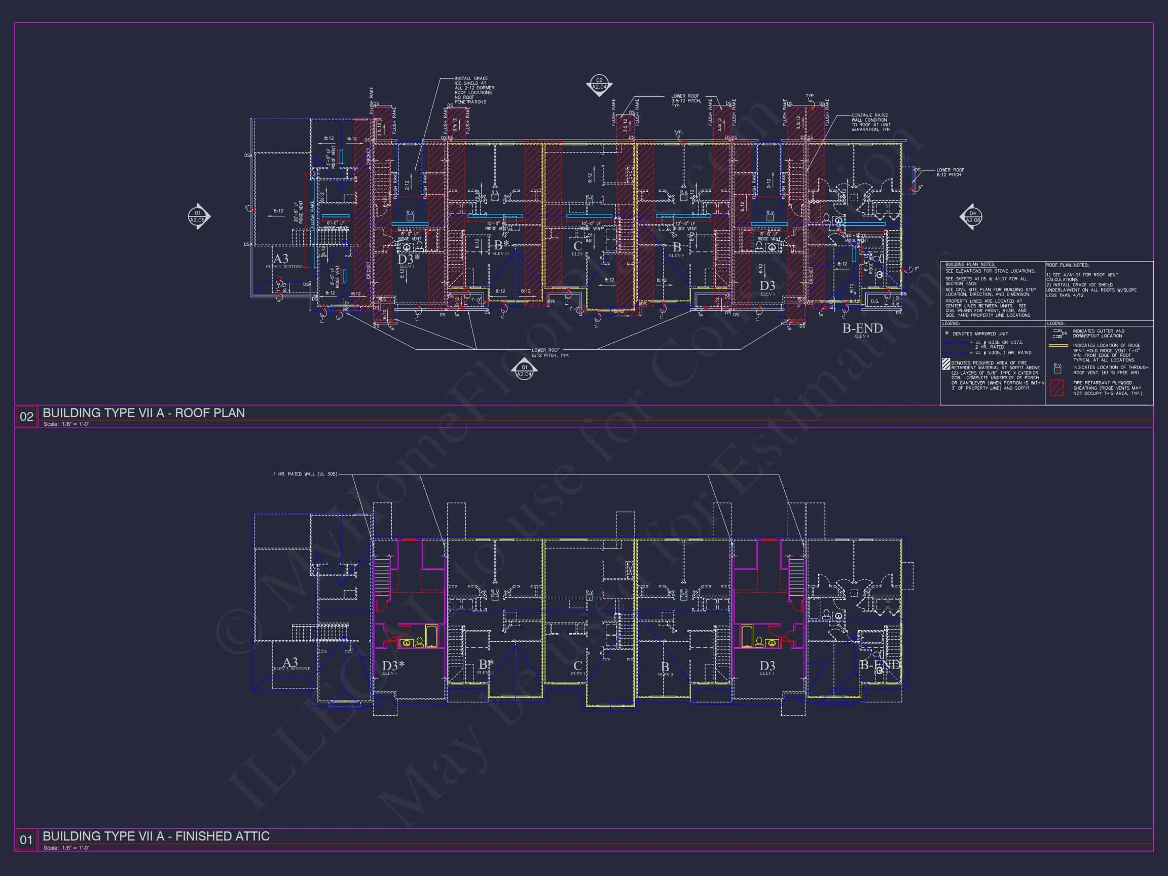 8-Unit Modern Craftsman Townhome Plan with Covered Porches & Bonus Rooms