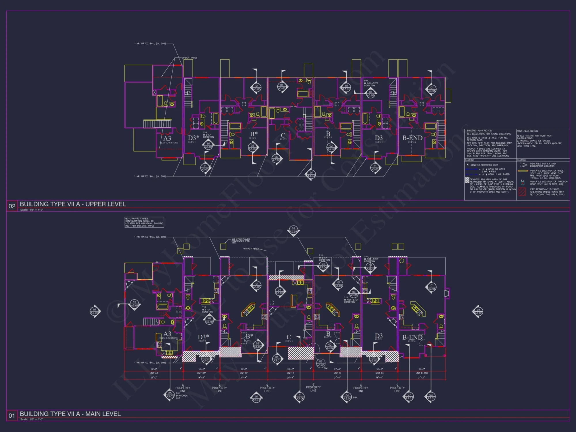 8-Unit Modern Craftsman Townhome Plan with Covered Porches & Bonus Rooms