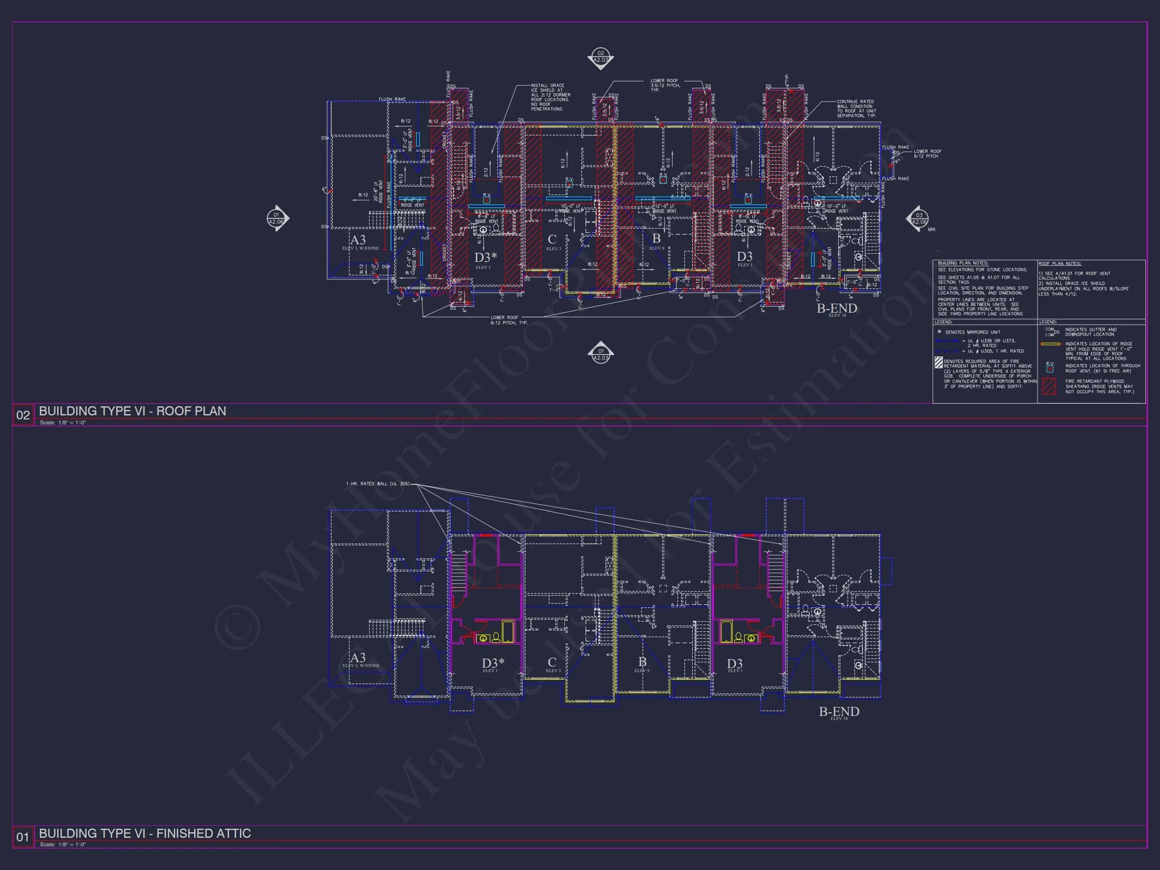 8-Unit Modern Craftsman Townhome Plan with Covered Porches & Bonus Rooms