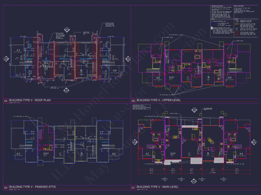 8-Unit Modern Craftsman Townhome Plan with Covered Porches & Bonus Rooms