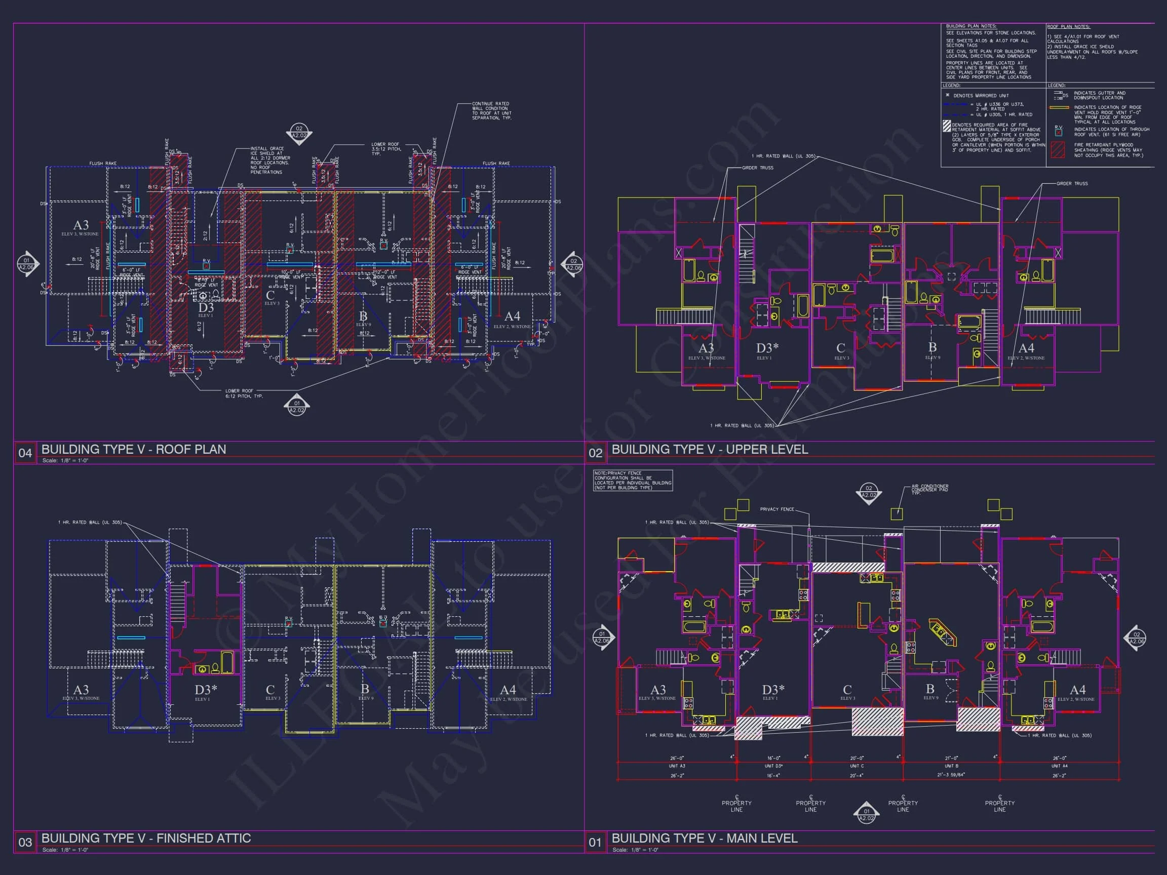 8-Unit Modern Craftsman Townhome Plan with Covered Porches & Bonus Rooms