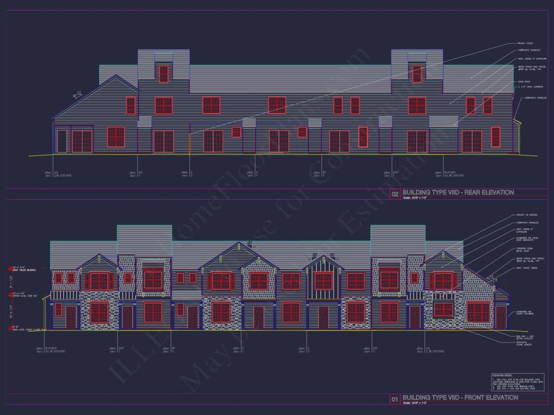 8-Unit Modern Craftsman Townhome Plan with Covered Porches & Bonus Rooms