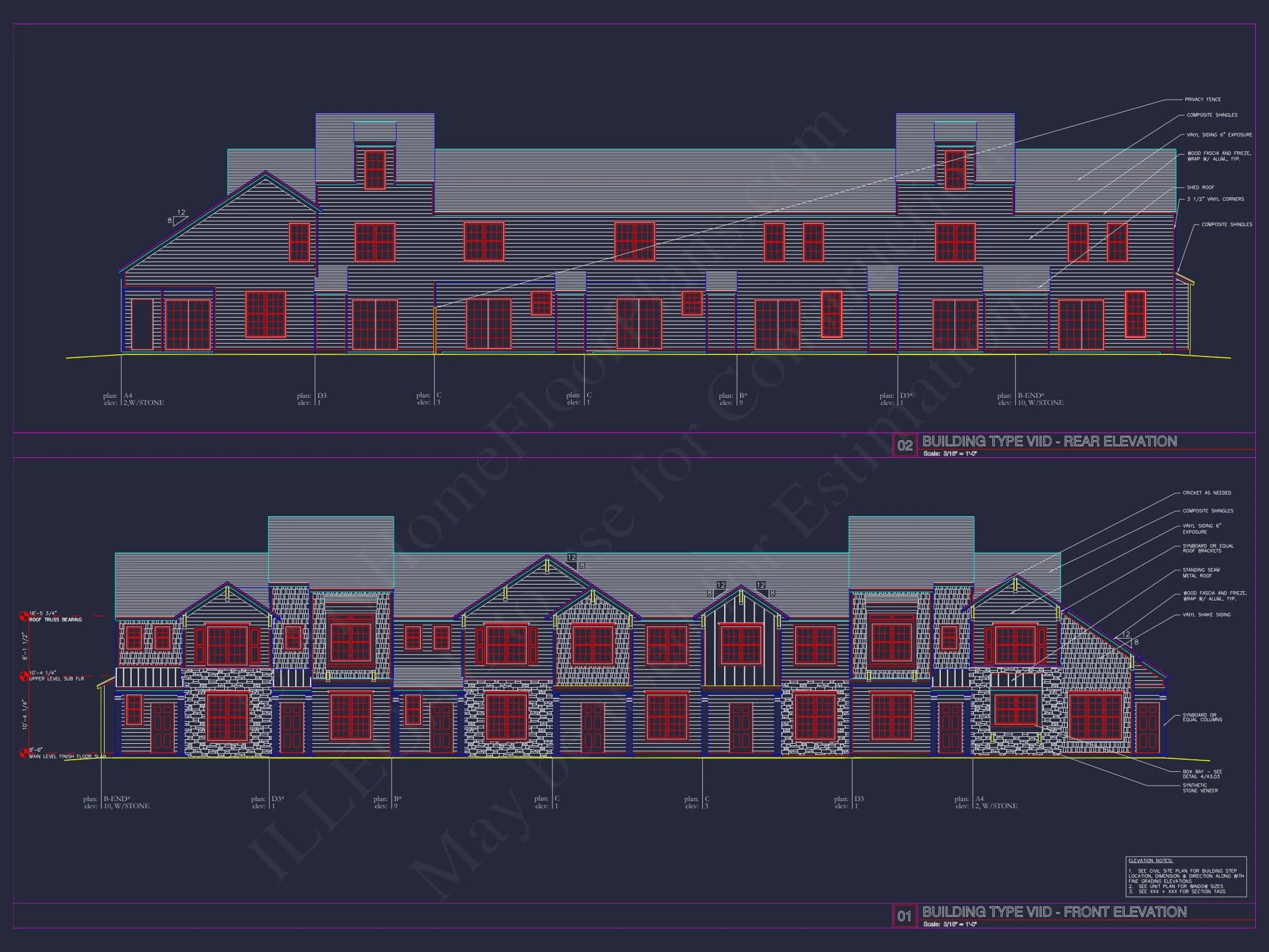 8-Unit Modern Craftsman Townhome Plan with Covered Porches & Bonus Rooms