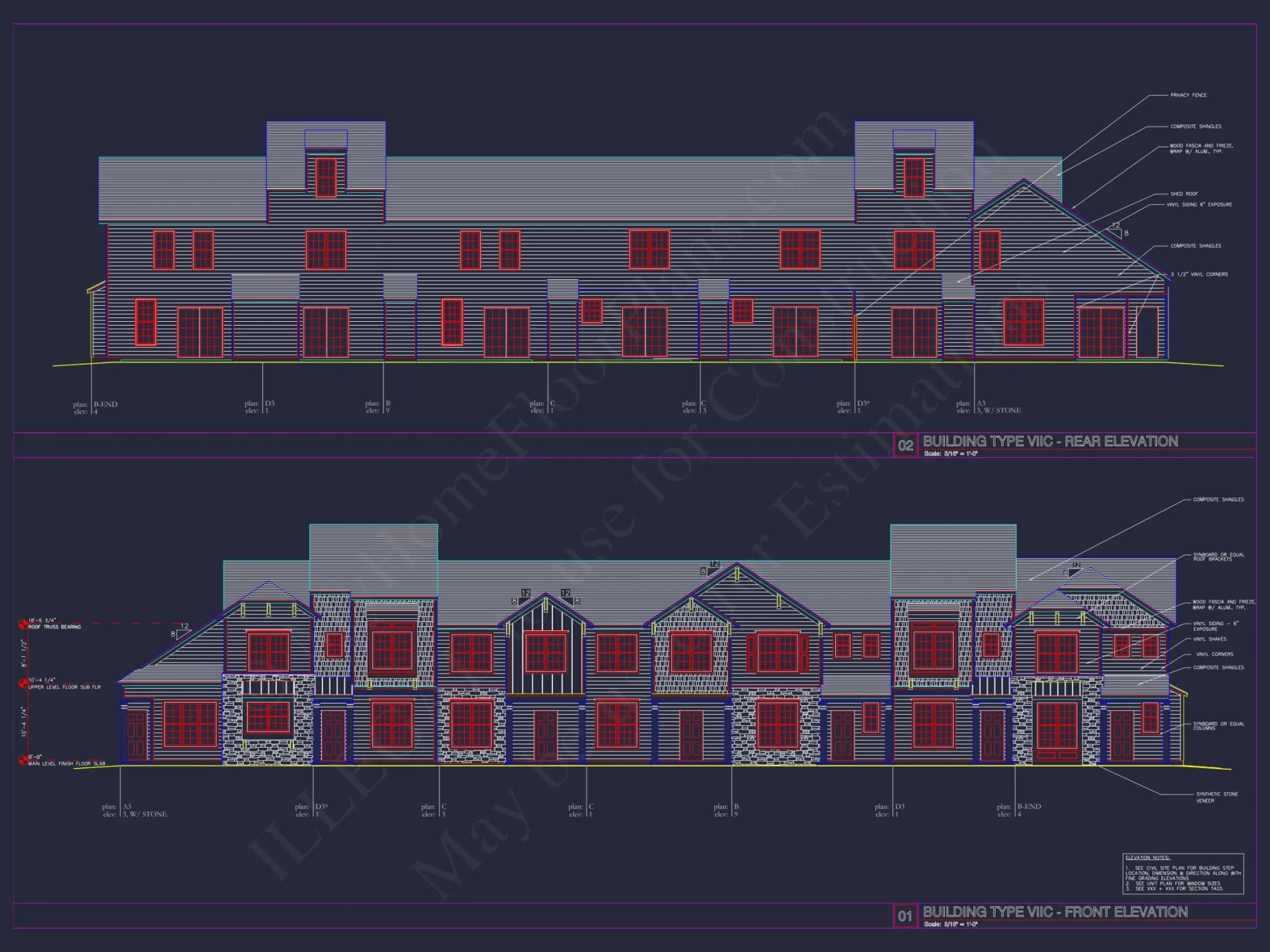8-Unit Modern Craftsman Townhome Plan with Covered Porches & Bonus Rooms