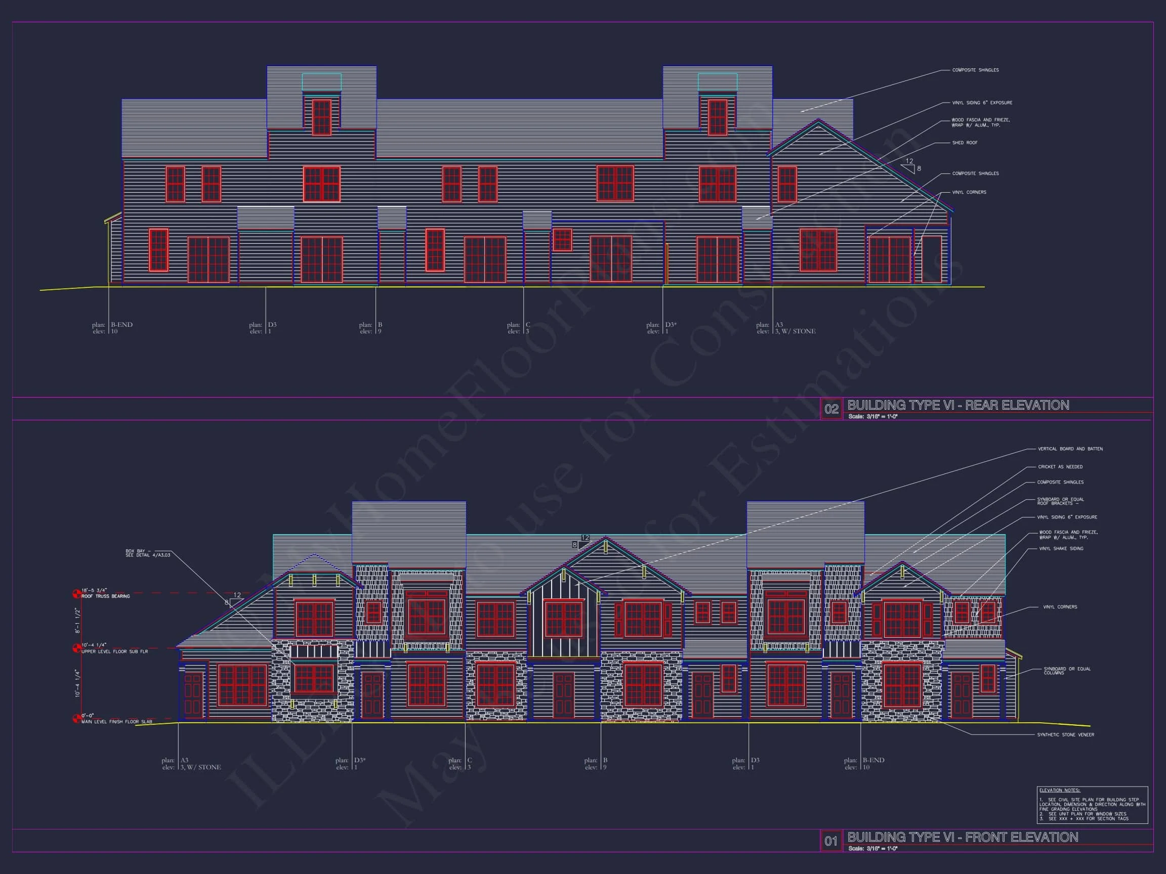 8-Unit Modern Craftsman Townhome Plan with Covered Porches & Bonus Rooms