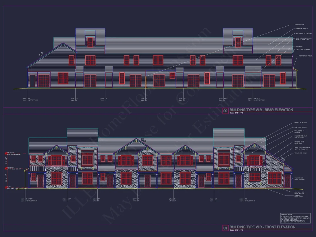 8-Unit Modern Craftsman Townhome Plan with Covered Porches & Bonus Rooms