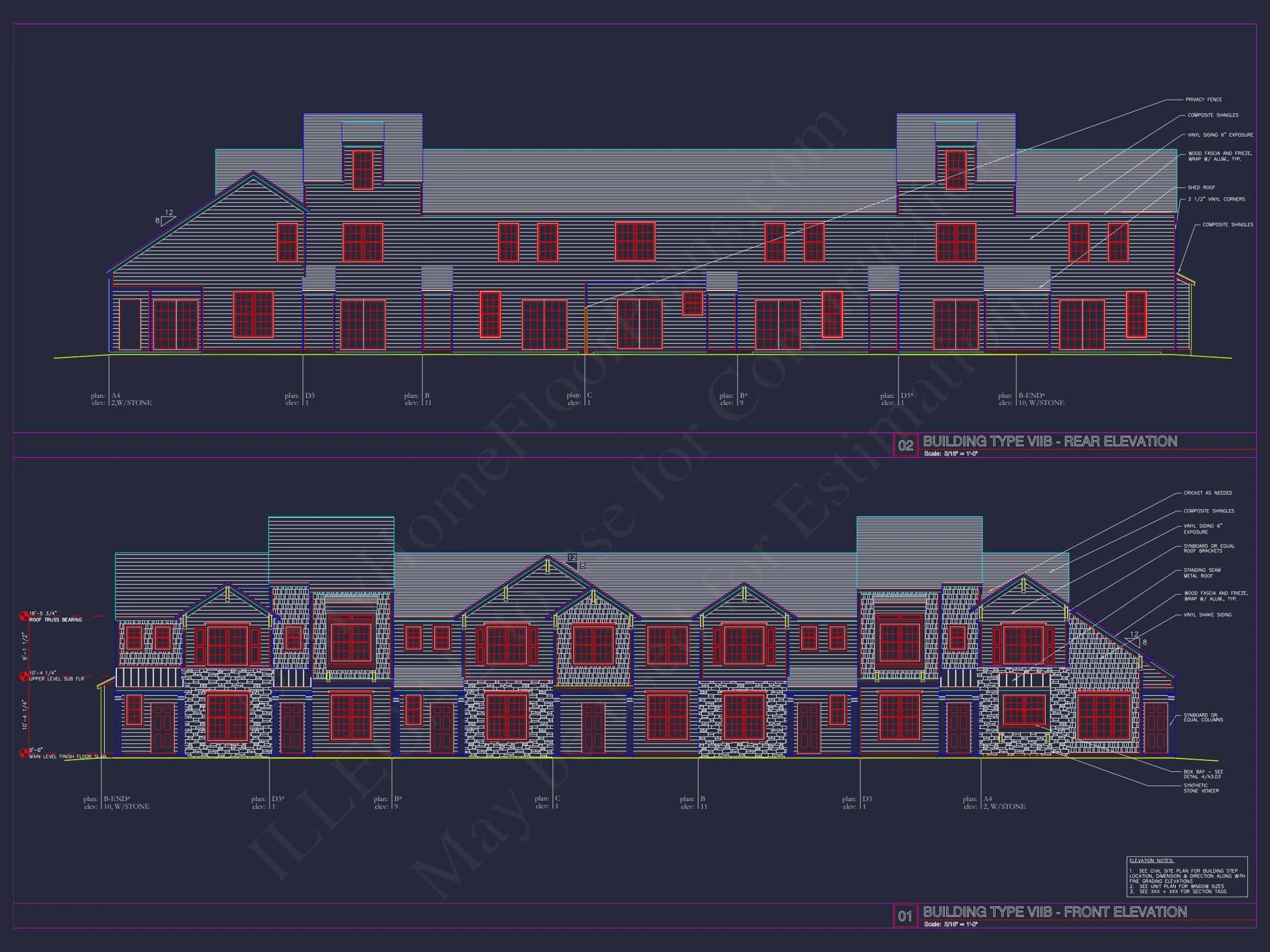 8-Unit Modern Craftsman Townhome Plan with Covered Porches & Bonus Rooms
