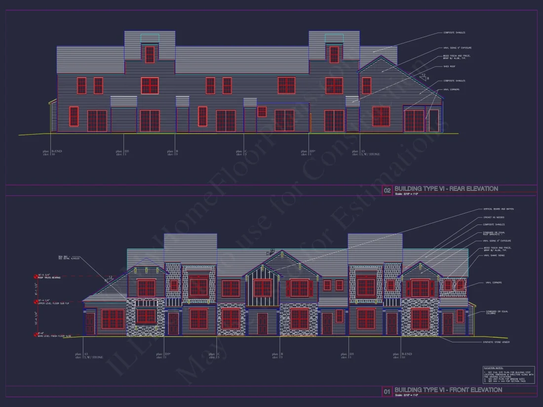 8-Unit Modern Craftsman Townhome Plan with Covered Porches & Bonus Rooms
