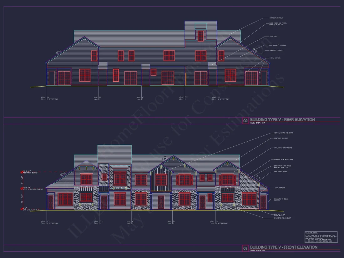 8-Unit Modern Craftsman Townhome Plan with Covered Porches & Bonus Rooms