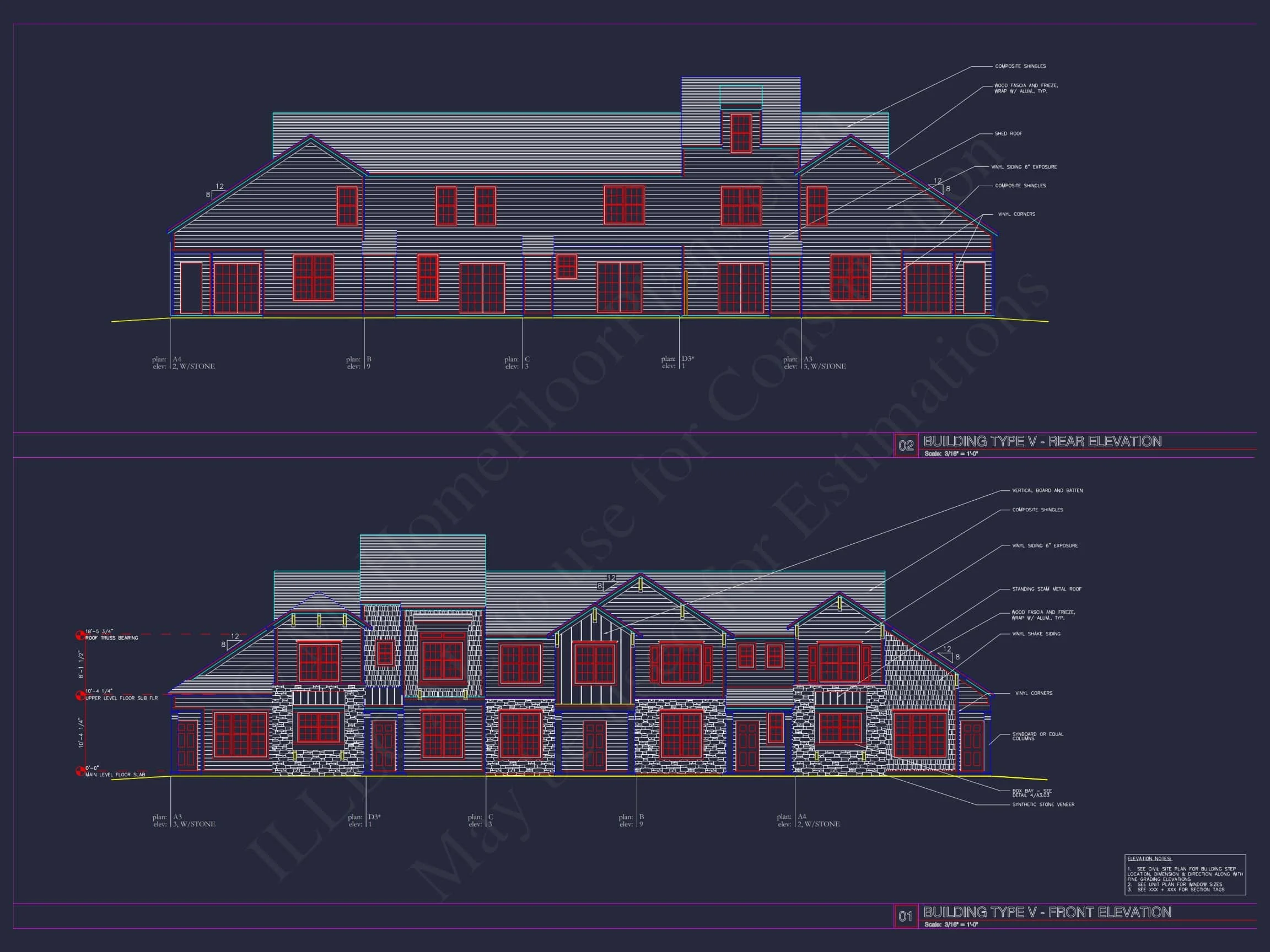 8-Unit Modern Craftsman Townhome Plan with Covered Porches & Bonus Rooms