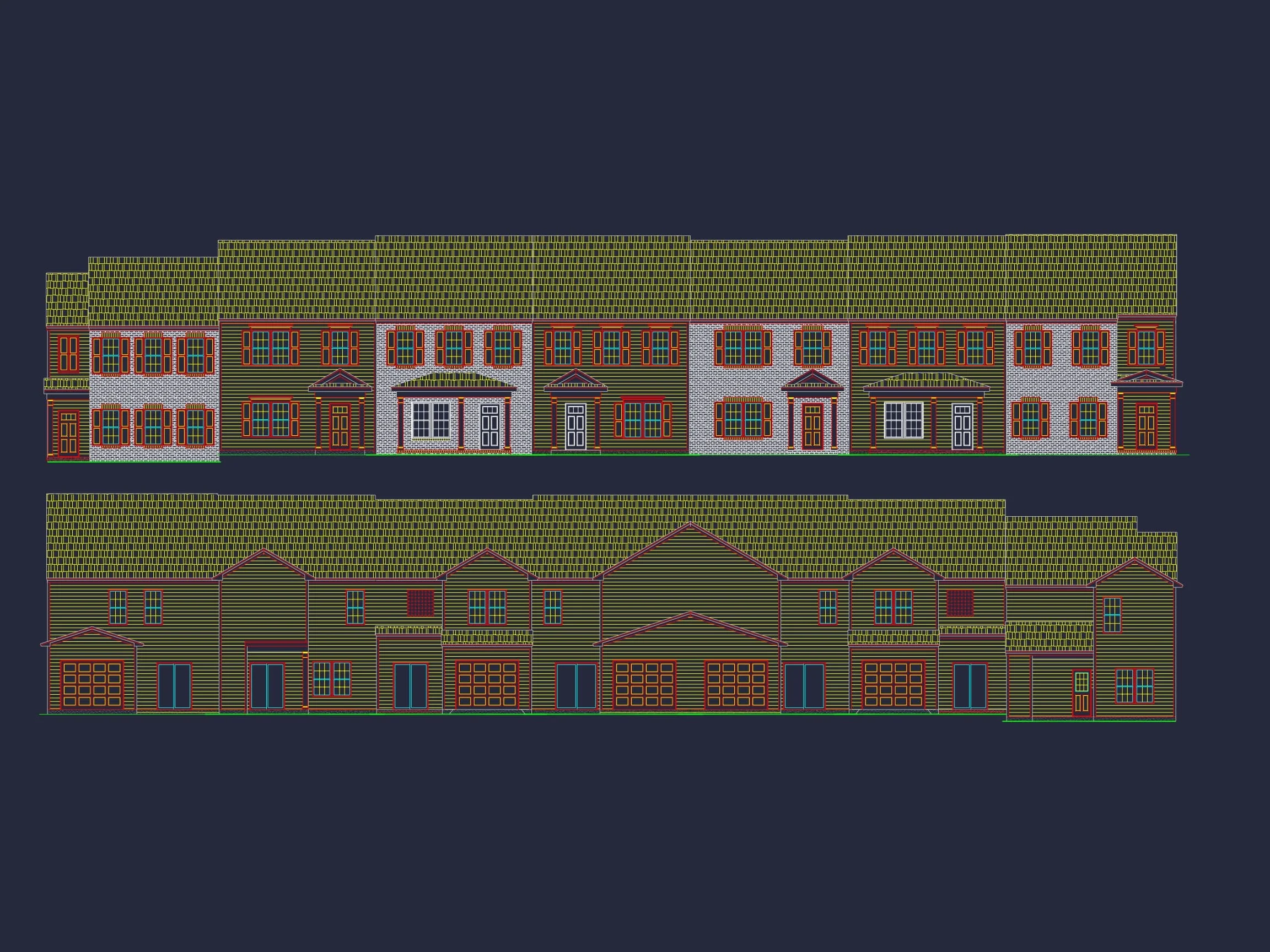11-1083-1 7-UNIT TOWNHOUSE PLAN -Traditional Suburban Home Plan - 3-Bed, 2-Bath, 1,664 SF 2 Elegant 2-Story House Plan with Traditional Design