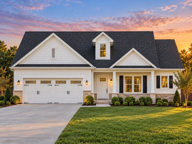 Front elevation of a Traditional Ranch style home featuring stone, horizontal siding, and board and batten accents with a clean symmetrical façade