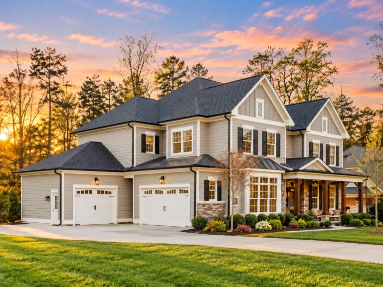 Front elevation of a New American modern traditional home with board-and-batten siding, stone accents, symmetrical windows, and a covered entry porch