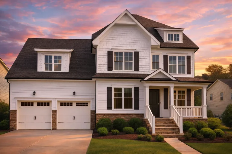 Front elevation of a New American modern traditional house with horizontal siding, stone accents, covered porch, and attached two-car garage