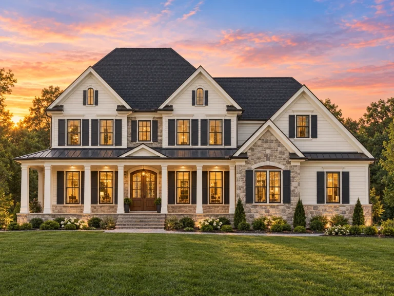Front elevation of a Traditional Colonial home featuring horizontal siding, board-and-batten gables, and stone veneer accents